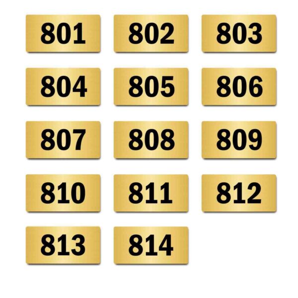 Door Numbers 801 to 814 Acrylic Board Medium Gold Color 2mm Thick 6 x 3 Inches Pack of 14. Suitable for Eighth Floor Buildings, Flats, Apartments, Racks, Shelfs for Arranging | Mindcraftz