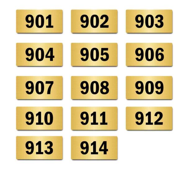Door Numbers 901 to 914 Acrylic Board Medium Gold Color 2mm Thick 6 x 3 Inches Pack of 14. Suitable for Nineth Floor Buildings, Flats, Apartments, Racks, Shelfs for Arranging | Mindcraftz