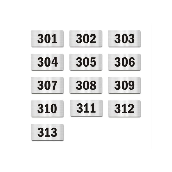 Door Numbers 301 to 313 Acrylic Board Small Silver color 2mm thick 4 x 2 Inches Pack of 13. Suitable for Third Floor Buildings, Flats, Apartments, Racks, Shelfs for arranging | Mindcraftz