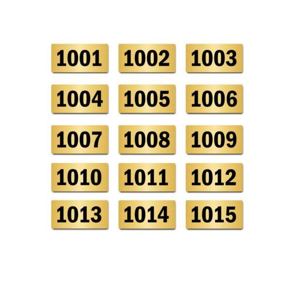 Door Numbers 1001 to 1015 Acrylic Board Small Gold Color 2mm Thick 4 x 2 Inches Pack of 15. Suitable for Tenth Floor Buildings, Flats, Apartments, Racks, Shelfs for Arranging | Mindcraftz