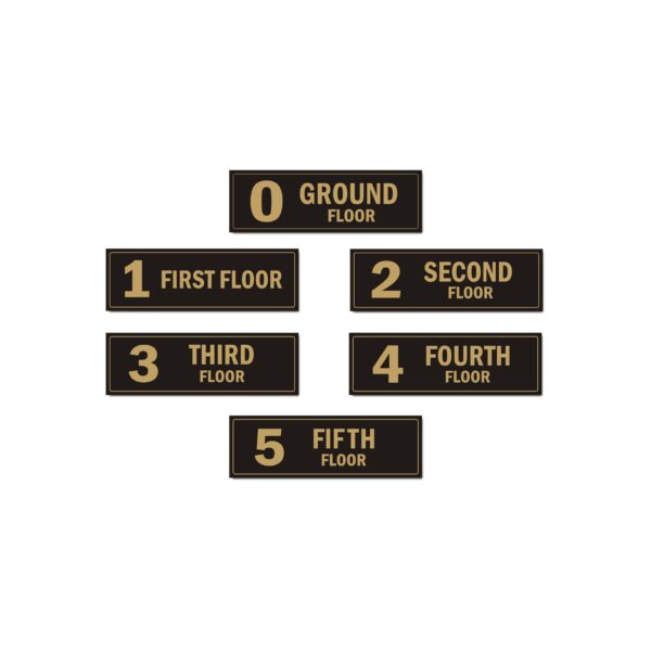 Five Floor Building Lift Lobby Staircase Acrylic Floor Sign Board Black Gold Color 2mm Thick 15 x 5 Inches Pack of 6 | Mindcraftz