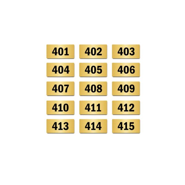 Door Numbers 401 to 415 Acrylic Board Small Gold Color 2mm Thick 4 x 2 Inches Pack of 15. Suitable for Fourth Floor Buildings, Flats, Apartments, Racks, Shelfs for Arranging | Mindcraftz