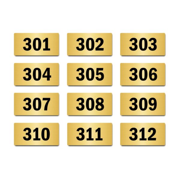 Door Numbers 301 to 312 Acrylic Board Medium Gold Color 2mm Thick 6 x 3 Inches Pack of 12. Suitable for Third Floor Buildings, Flats, Apartments, Racks, Shelfs for Arranging | Mindcraftz