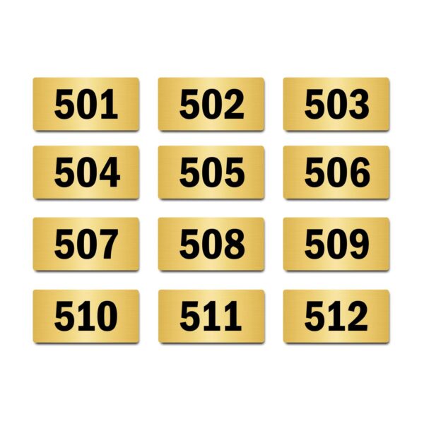 Door Numbers 501 to 512 Acrylic Board Medium Gold Color 2mm Thick 6 x 3 Inches Pack of 12. Suitable for Fifth Floor Buildings, Flats, Apartments, Racks, Shelfs for Arranging | Mindcraftz