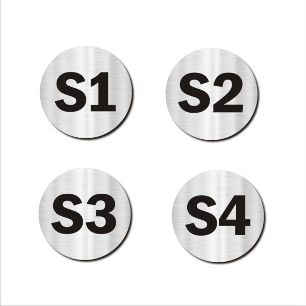 Second Floor S1,S2,S3,S4 Door Numbers Acrylic Round Sign Board Silver Colour 2mm Thick 4x4 Inches | Medium | Pack of 4 | Mindcraftz