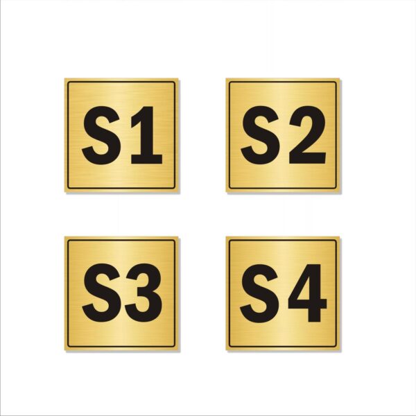 Second Floor S1,S2,S3,S4 Door Numbers Acrylic Sign Square Board Gold Colour 2mm Thick 4x4 Inches | Medium | Pack of 4 | Mindcraftz