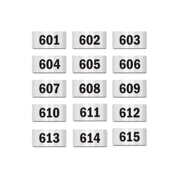 Door Numbers 601 to 615 Acrylic Board Small Silver Color 2mm Thick 4 x 2 Inches Pack of 15. Suitable for Sixth Floor Buildings, Flats, Apartments, Racks, Shelfs for Arranging | Mindcraftz