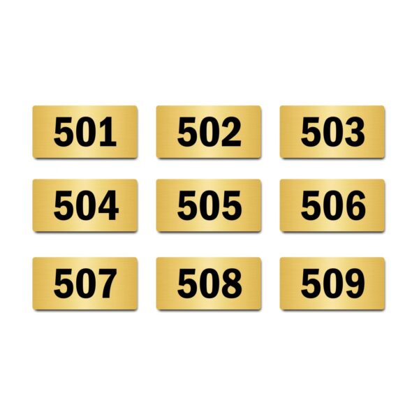 Door Numbers 501 to 509 Acrylic Board Medium Gold Color 2mm Thick 6 x 3 Inches Pack of 9. Suitable for Fifth Floor Buildings, Flats, Apartments, Racks, Shelfs for Arranging | Mindcraftz