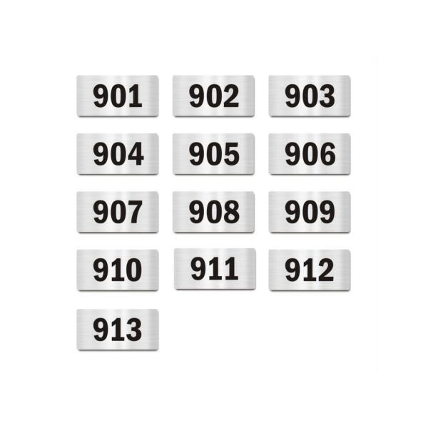 Door Numbers 901 to 913 Acrylic Board Small Silver color 2mm thick 4 x 2 Inches Pack of 13. Suitable for Nineth Floor Buildings, Flats, Apartments, Racks, Shelfs for arranging | Mindcraftz
