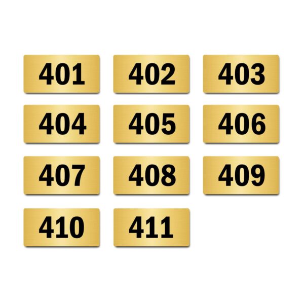 Door Numbers 401 to 411 Acrylic Board Medium Gold Color 2mm Thick 6 x 3 Inches Pack of 11. Suitable for Fourth Floor Buildings, Flats, Apartments, Racks, Shelfs for Arranging | Mindcraftz