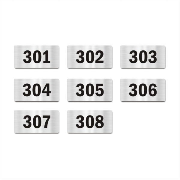 Door Numbers 301 to 308 Acrylic Board Medium Silver Color 2mm Thick 6 x 3 Inches Pack of 8 Suitable for Third Floor Buildings, Flats, Apartments, Racks, Shelfs for Arranging | Mindcraftz