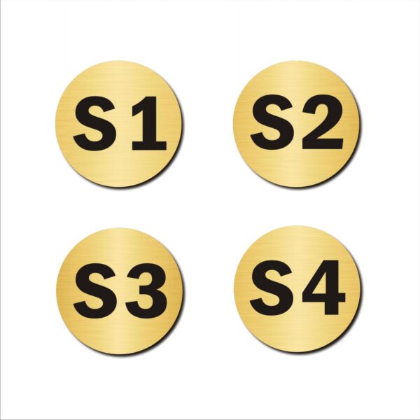 Second Floor S1,S2,S3,S4 Door Numbers Acrylic Round Sign Board Gold Colour 2mm Thick 4x4 Inches | Medium | Pack of 4 | Mindcraftz