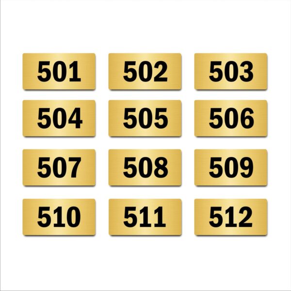 Door Numbers 501 to 512 Acrylic Board Small Gold Color 2mm Thick 4 x 2 Inches Pack of 12. Suitable for Fifth Floor Buildings, Flats, Apartments, Racks, Shelfs for Arranging | Mindcraftz