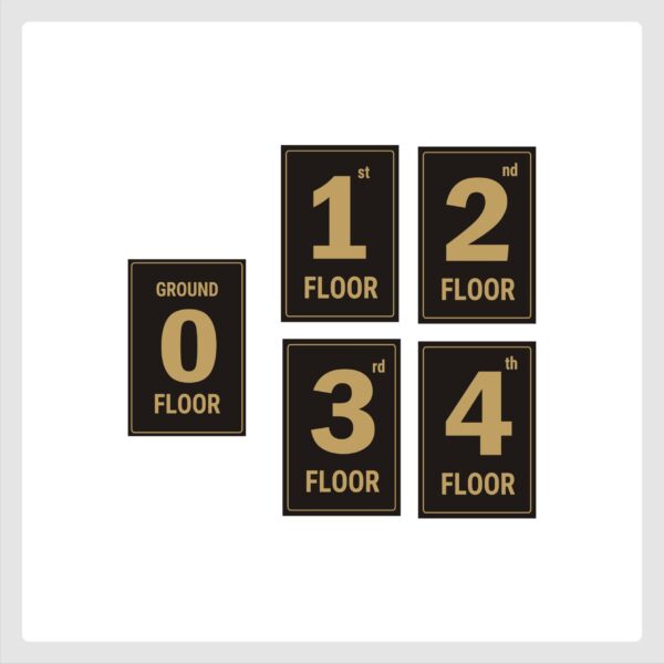 Four Floors Lifts Lobby Stair case Acrylic Sign Board Gold color 2mm thick 12 x 8 inches Pack of 5