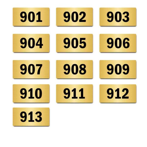 Door Numbers 901 to 913 Acrylic Board Medium Gold Color 2mm Thick 6 x 3 Inches Pack of 13. Suitable for Nineth Floor Buildings, Flats, Apartments, Racks, Shelfs for Arranging | Mindcraftz