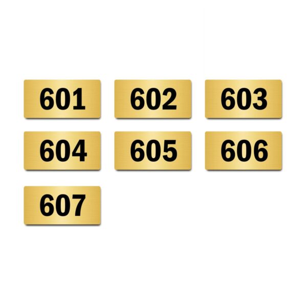 Door Numbers 601 to 607 Acrylic Board Medium Gold Color 2mm Thick 6 x 3 Inches Pack of 7. Suitable for Sixth Floor Buildings, Flats, Apartments, Racks, Shelfs for Arranging | Mindcraftz