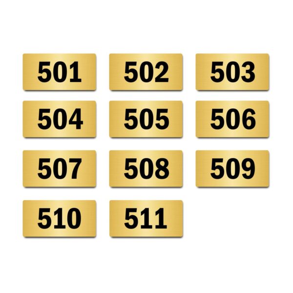 Door Numbers 501 to 511 Acrylic Board Medium Gold Color 2mm Thick 6 x 3 Inches Pack of 11. Suitable for Fifth Floor Buildings, Flats, Apartments, Racks, Shelfs for Arranging | Mindcraftz