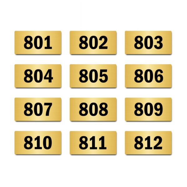 Door Numbers 801 to 812 Acrylic Board Medium Gold Color 2mm Thick 6 x 3 Inches Pack of 12. Suitable for Eighth Floor Buildings, Flats, Apartments, Racks, Shelfs for Arranging | Mindcraftz