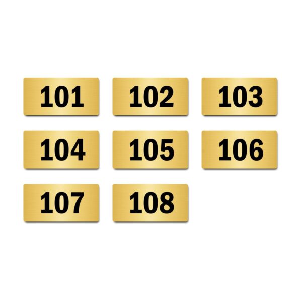 Door Numbers 101 to 108 Acrylic Board Small Gold Color 2mm Thick 4 x 2 Inches Pack of 8. Suitable for First Floor Buildings, Flats, Apartments, Racks, Shelfs for Arranging | Mindcraftz