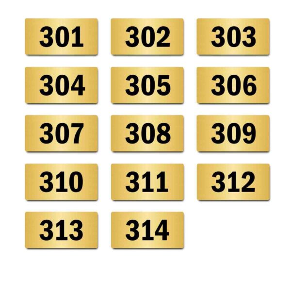 Door Numbers 301 to 314 Acrylic Board Medium Gold Color 2mm Thick 6 x 3 Inches Pack of 14. Suitable for Third Floor Buildings, Flats, Apartments, Racks, Shelfs for Arranging | Mindcraftz
