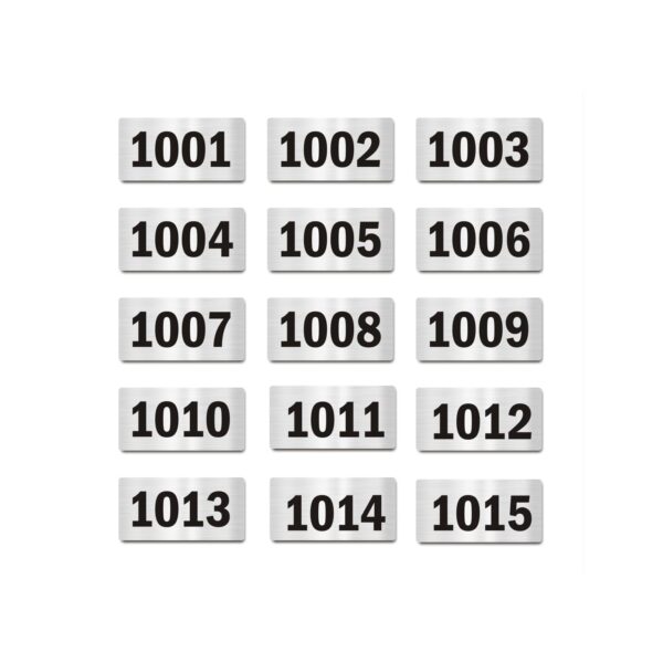 Door Numbers 1001 to 1015 Acrylic Board Small Silver color 2mm thick 4 x 2 Inches Pack of 15. Suitable for Tenth Floor Buildings, Flats, Apartments, Racks, Shelfs for arranging | Mindcraftz