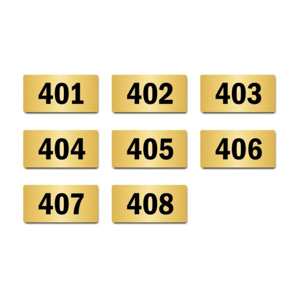 Door Numbers 401 to 408 Acrylic Board Medium Gold Color 2mm Thick 6 x 3 Inches Pack of 8. Suitable for Fourth Floor Buildings, Flats, Apartments, Racks, Shelfs for Arranging | Mindcraftz