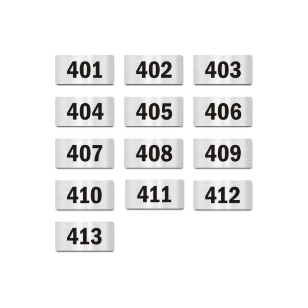 Door Numbers 401 to 413 Acrylic Board Small Silver Color 2mm Thick 4 x 2 Inches Pack of 13. Suitable for Fourth Floor Buildings, Flats, Apartments, Racks, Shelfs for Arranging | Mindcraftz