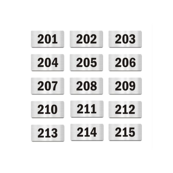 Door Numbers 201 to 215 Acrylic Board Small Silver color 2mm thick 4 x 2 Inches Pack of 15. Suitable for Second Floor Buildings, Flats, Apartments, Racks, Shelfs for arranging | Mindcraftz