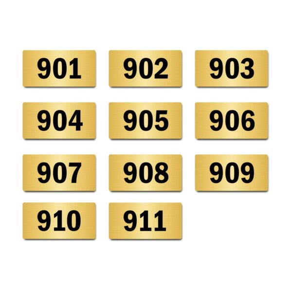 Door Numbers 901 to 911 Acrylic Board Medium Gold Color 2mm Thick 6 x 3 Inches Pack of 11. Suitable for Nineth Floor Buildings, Flats, Apartments, Racks, Shelfs for Arranging | Mindcraftz