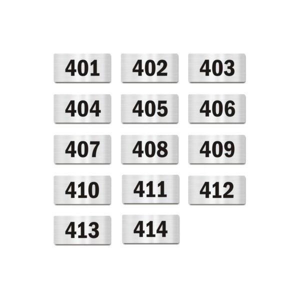 Door Numbers 401 to 414 Acrylic Board Small Silver Color 2mm Thick 4 x 2 Inches Pack of 14. Suitable for Fourth Floor Buildings, Flats, Apartments, Racks, Shelfs for Arranging | Mindcraftz