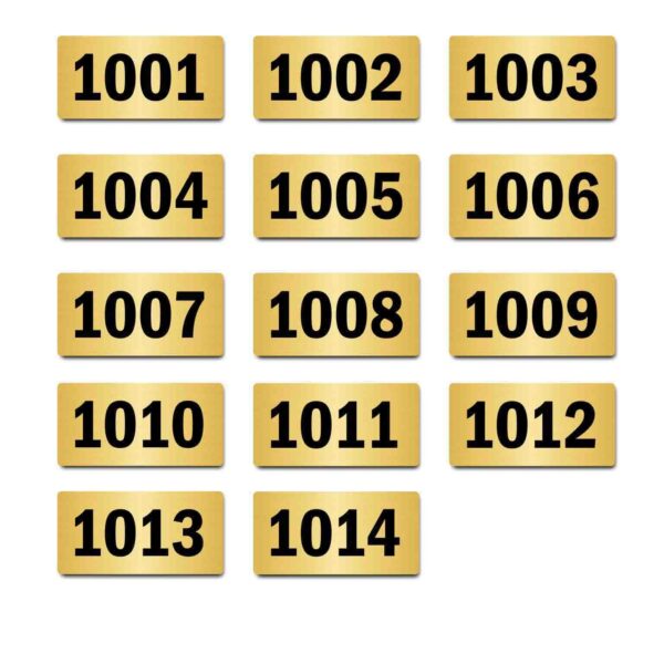 Door Numbers 1001 to 1014 Acrylic Board Medium Gold Color 2mm Thick 6 x 3 Inches Pack of 14. Suitable for Tenth Floor Buildings, Flats, Apartments, Racks, Shelfs for Arranging | Mindcraftz