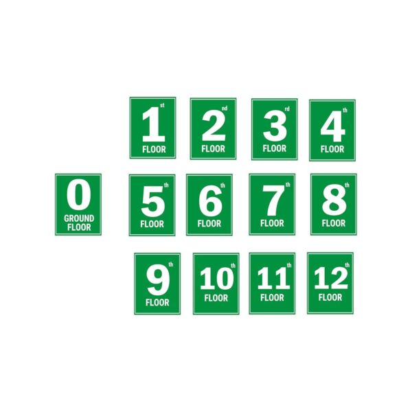 G plus Twelve Floor Lift Lobby Staircase Floor Number Acrylic Sign Board Green Color 2mm Thickness 8 x 6 inches Pack of 13
