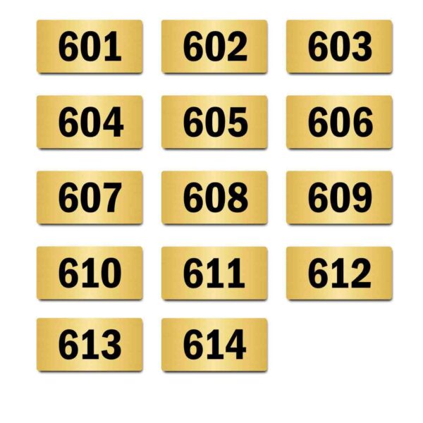 Door Numbers 601 to 614 Acrylic Board Medium Gold Color 2mm Thick 6 x 3 Inches Pack of 14. Suitable for Sixth Floor Buildings, Flats, Apartments, Racks, Shelfs for Arranging | Mindcraftz