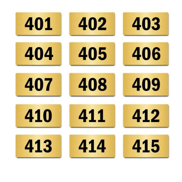 Door Numbers 401 to 415 Acrylic Board Medium Gold Color 2mm Thick 6 x 3 Inches Pack of 15. Suitable for Fourth Floor Buildings, Flats, Apartments, Racks, Shelfs for Arranging | Mindcraftz