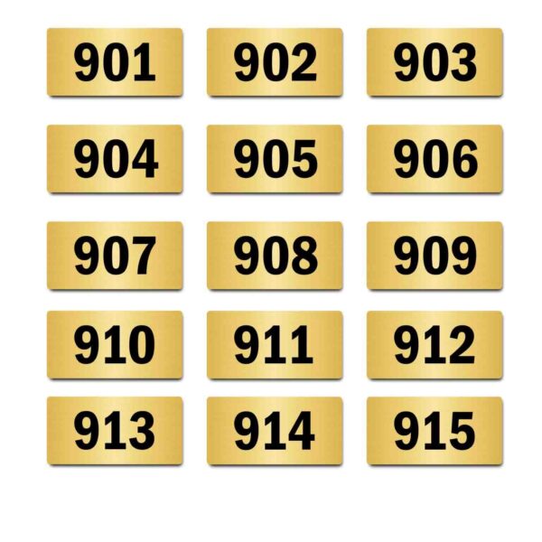 Door Numbers 901 to 915 Acrylic Board Medium Gold Color 2mm Thick 6 x 3 Inches Pack of 15. Suitable for Nineth Floor Buildings, Flats, Apartments, Racks, Shelfs for Arranging | Mindcraftz