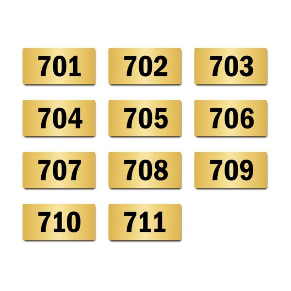 Door Numbers 701 to 711 Acrylic Board Medium Gold Color 2mm Thick 6 x 3 Inches Pack of 11. Suitable for Seventh Floor Buildings, Flats, Apartments, Racks, Shelfs for Arranging | Mindcraftz