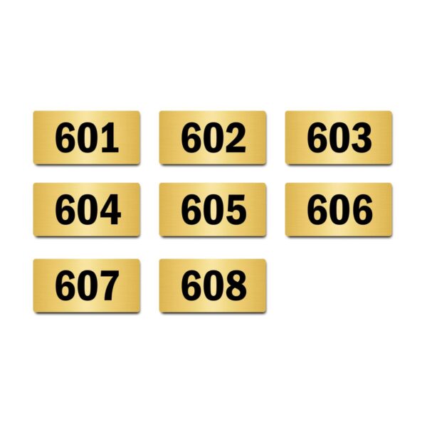 Door Numbers 601 to 608 Acrylic Board Medium Gold Color 2mm Thick 6 x 3 Inches Pack of 8. Suitable for Sixth Floor Buildings, Flats, Apartments, Racks, Shelfs for Arranging | Mindcraftz