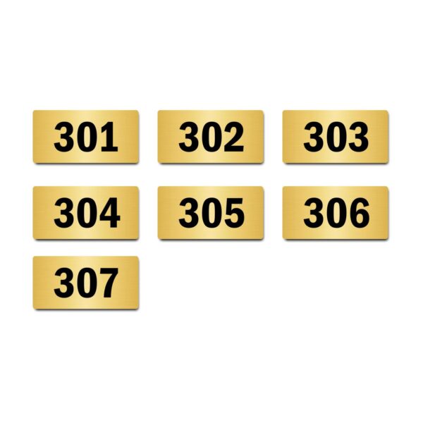 Door Numbers 301 to 307 Acrylic Board Medium Gold Color 2mm Thick 6 x 3 Inches Pack of 7. Suitable for Third Floor Buildings, Flats, Apartments, Racks, Shelfs for Arranging | Mindcraftz