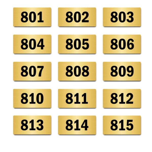 Door Numbers 801 to 815 Acrylic Board Medium Gold Color 2mm Thick 6 x 3 Inches Pack of 15. Suitable for Eighth Floor Buildings, Flats, Apartments, Racks, Shelfs for Arranging | Mindcraftz
