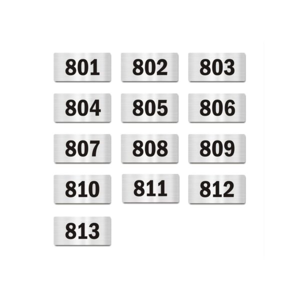 Door Numbers 801 to 813 Acrylic Board Small Silver color 2mm thick 4 x 2 Inches Pack of 13. Suitable for Eighth Floor Buildings, Flats, Apartments, Racks, Shelfs for arranging | Mindcraftz