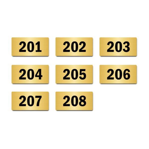 Door Numbers 201 to 208 Acrylic Board Medium Gold Color 2mm Thick 6 x 3 Inches Pack of 8. Suitable for Second Floor Buildings, Flats, Apartments, Racks, Shelfs for Arranging | Mindcraftz