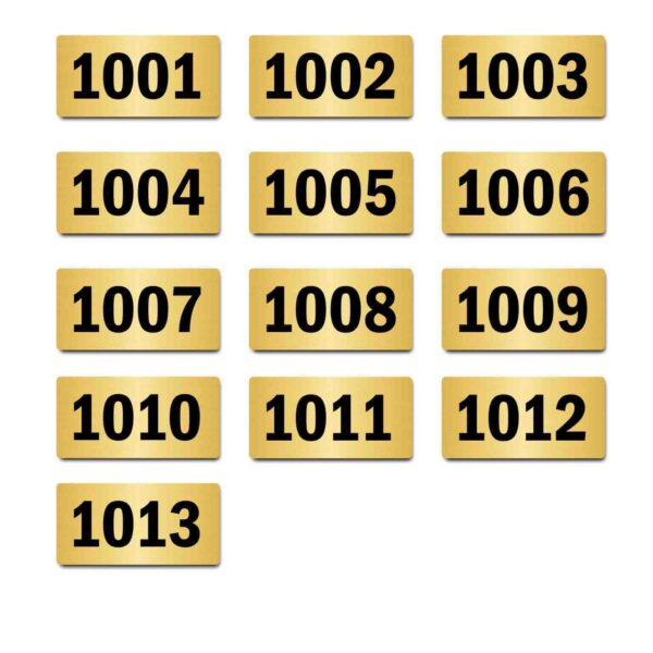 Door Numbers 1001 to 1013 Acrylic Board Medium Gold Color 2mm Thick 6 x 3 Inches Pack of 13. Suitable for Tenth Floor Buildings, Flats, Apartments, Racks, Shelfs for Arranging | Mindcraftz