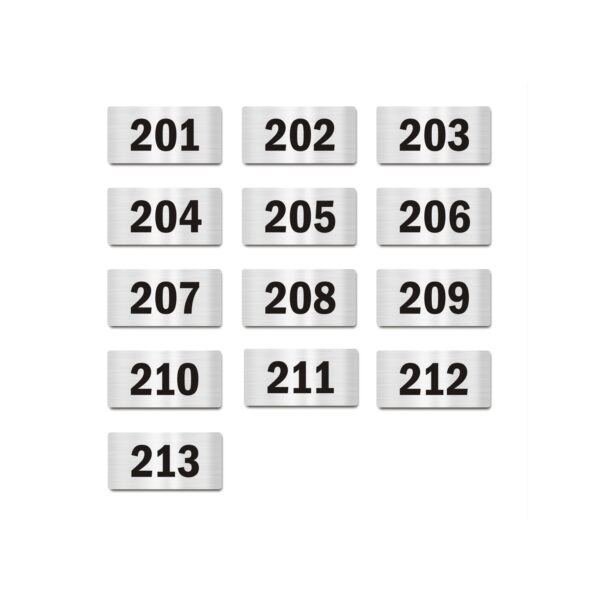 Door Numbers 201 to 213 Acrylic Board Small Silver color 2mm thick 4 x 2 Inches Pack of 13. Suitable for Second Floor Buildings, Flats, Apartments, Racks, Shelfs for arranging | Mindcraftz