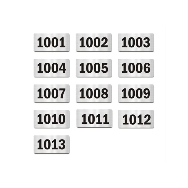 Door Numbers 1001 to 1013 Acrylic Board Small Silver color 2mm thick 4 x 2 Inches Pack of 13. Suitable for Tenth Floor Buildings, Flats, Apartments, Racks, Shelfs for arranging | Mindcraftz