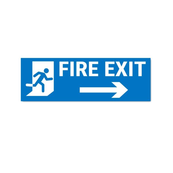 Fire Exit Right Sign Board Sticker Blue Color | Pack of 3 | 12 x 4 inches
