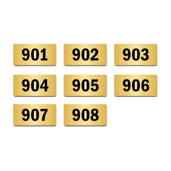 Door Numbers 901 to 908 Acrylic Board Medium Gold Color 2mm Thick 6 x 3 Inches Pack of 8. Suitable for Nineth Floor Buildings, Flats, Apartments, Racks, Shelfs for Arranging | Mindcraftz