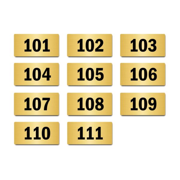 Door Numbers 101 to 111 Acrylic Board Medium Gold Color 2mm Thick 6 x 3 Inches Pack of 11. Suitable for First Floor Buildings, Flats, Apartments, Racks, Shelfs for Arranging | Mindcraftz