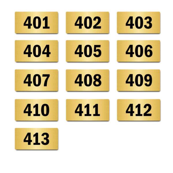 Door Numbers 401 to 413 Acrylic Board Medium Gold Color 2mm Thick 6 x 3 Inches Pack of 13. Suitable for Fourth Floor Buildings, Flats, Apartments, Racks, Shelfs for Arranging | Mindcraftz
