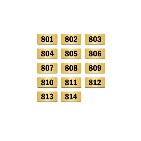 Door Numbers 801 to 814 Acrylic Board Small Gold Color 2mm Thick 4 x 2 Inches Pack of 14. Suitable for Eighth Floor Buildings, Flats, Apartments, Racks, Shelfs for Arranging | Mindcraftz