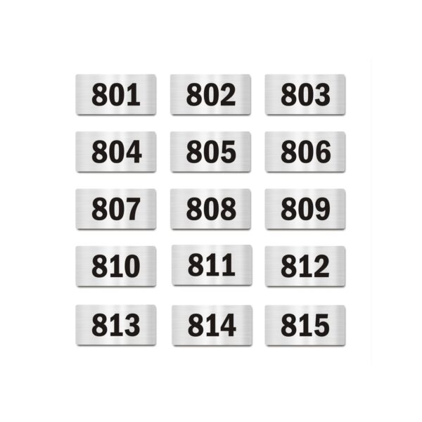 Door Numbers 801 to 815 Acrylic Board Small Silver color 2mm thick 4 x 2 Inches Pack of 15. Suitable for Eighth Floor Buildings, Flats, Apartments, Racks, Shelfs for arranging |Mindcraftz